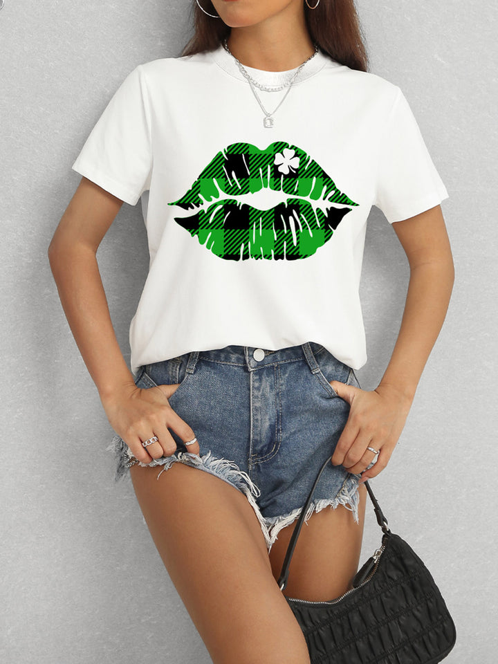 Plaid Lip Graphic Round Neck T-Shirt | Trendsi