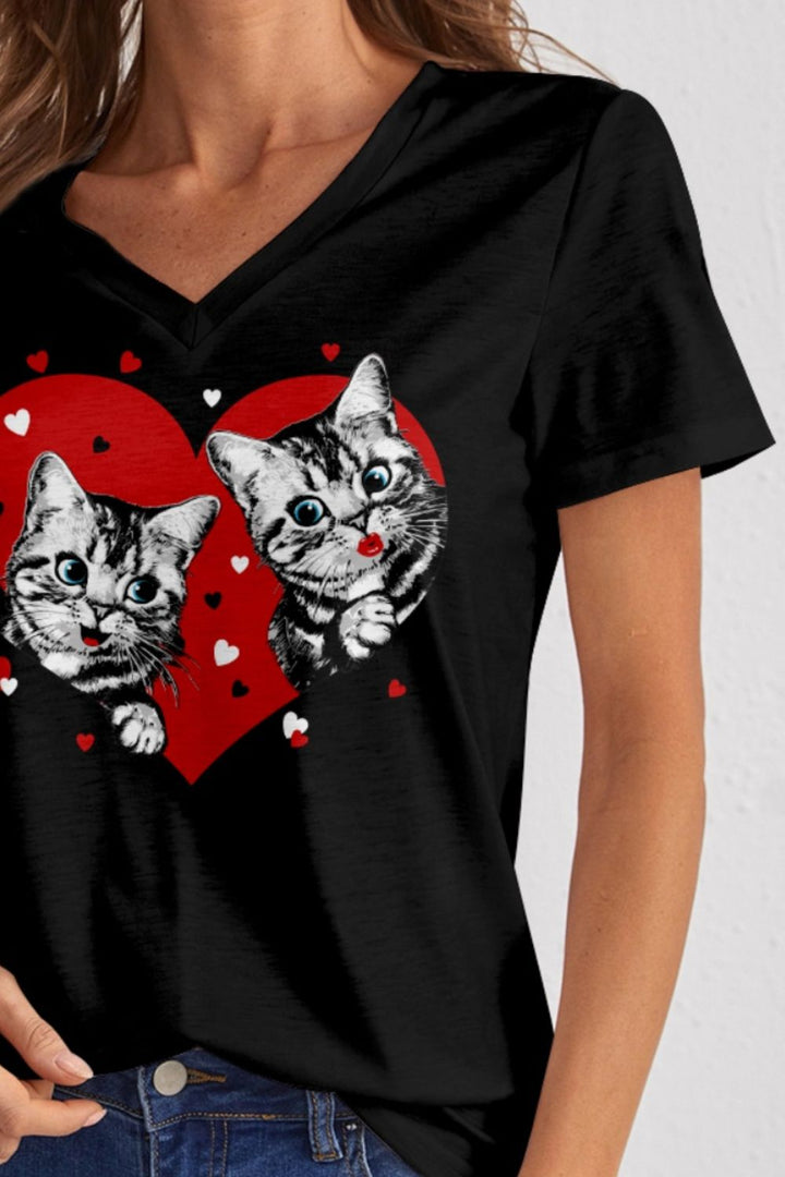 Cat V-Neck Short Sleeve T-Shirt | Trendsi