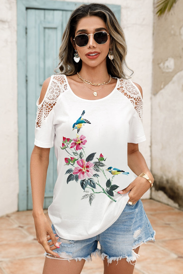 Lace Detail Round Neck Cold Shoulder Blouse | Trendsi