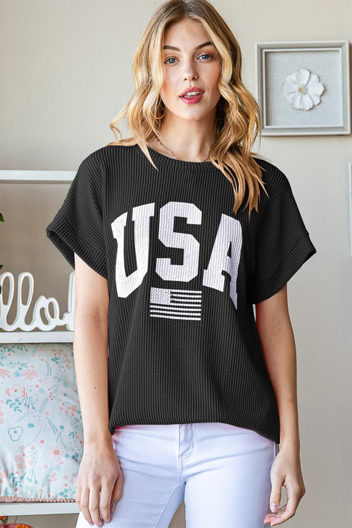 Heimish Full Size USA Graphic Short Sleeve Ribbed Top | Trendsi