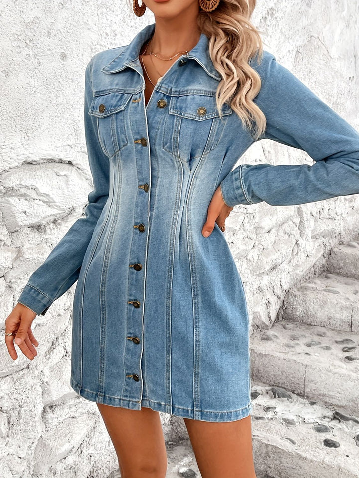 Pocketed Button Up Long Sleeve Denim Dress | Trendsi