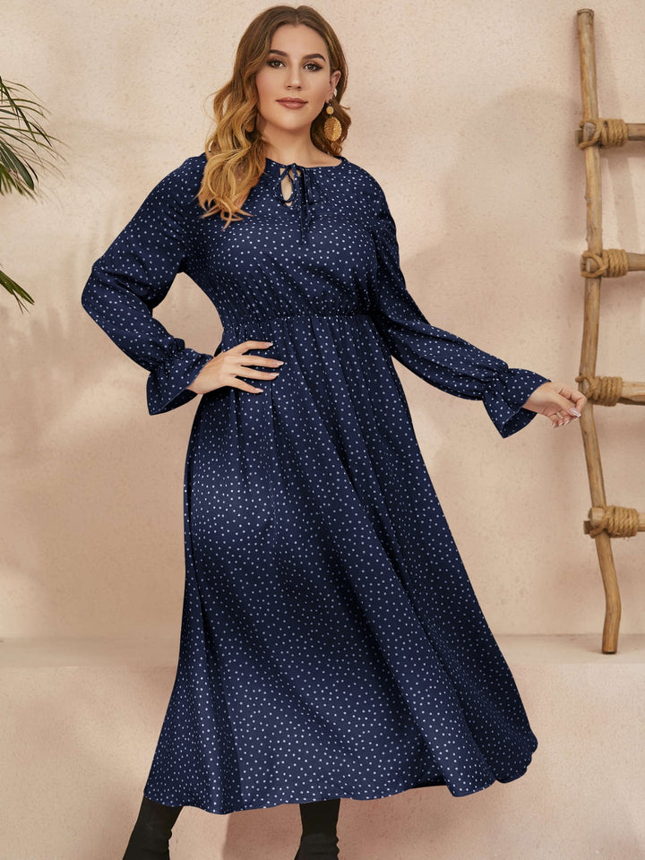 Plus Size Ruffled Polka Dot Long Sleeve Midi Dress | Trendsi