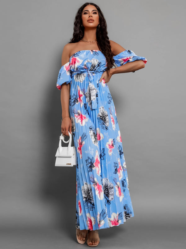 Pleated Floral Off-Shoulder Short Sleeve Midi Dress | Trendsi