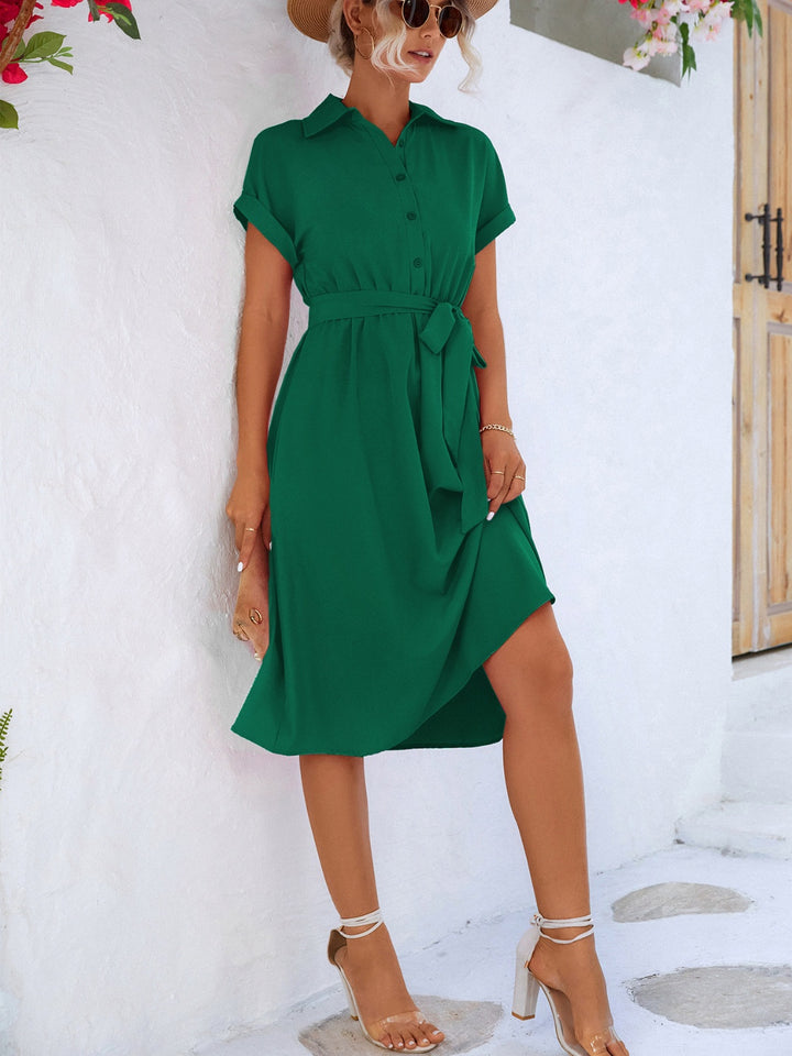 Buttoned Tie Waist Short Sleeve Dress | Trendsi