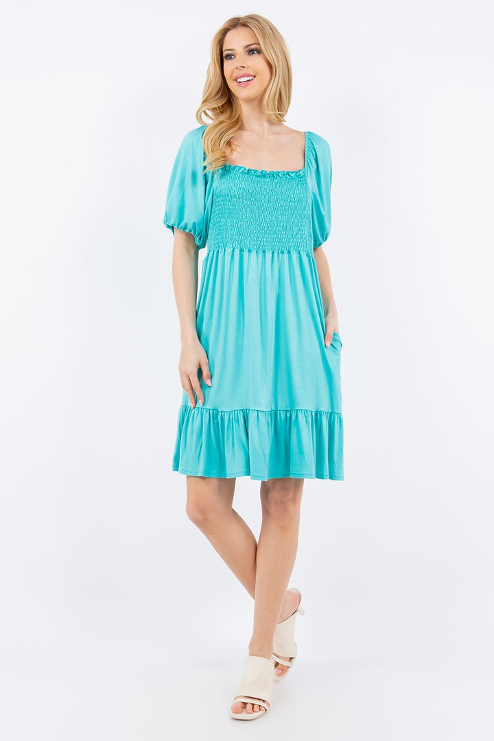 Celeste Full Size Ruffle Hem Short Sleeve Smocked Dress | Trendsi