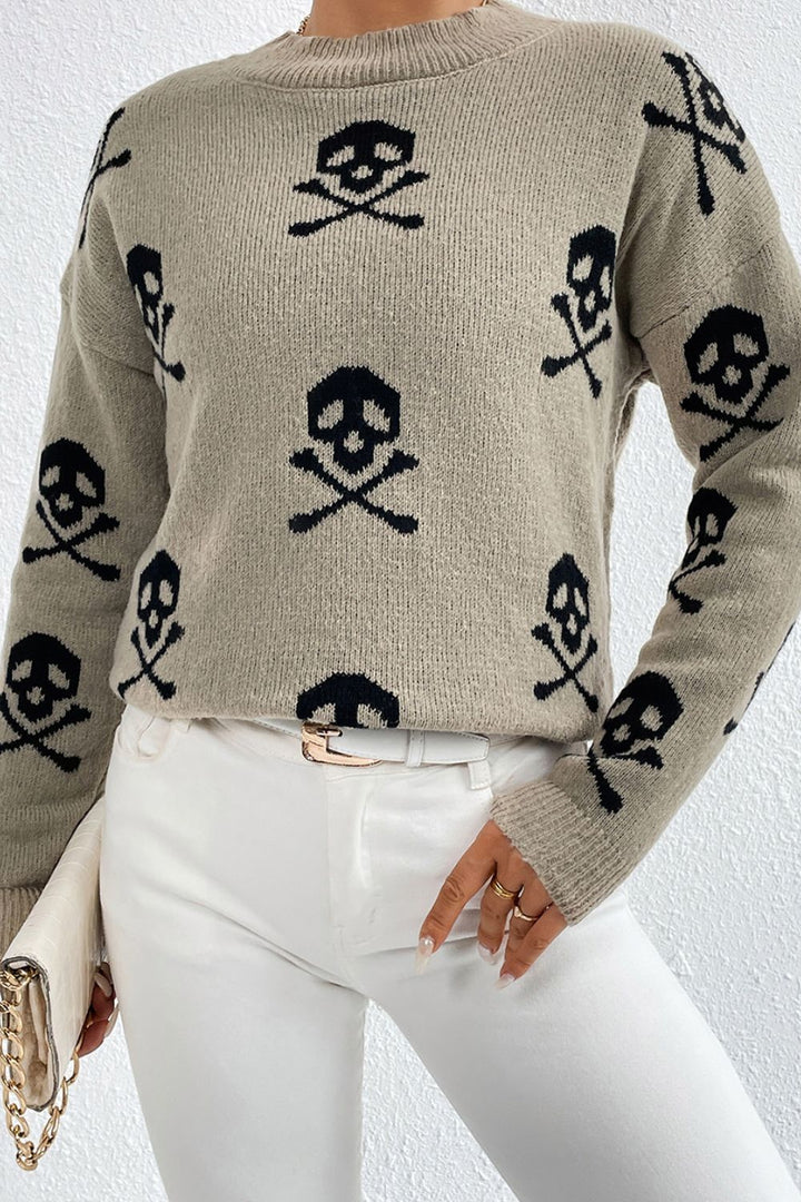 Graphic Mock Neck Dropped Shoulder Sweater | Trendsi