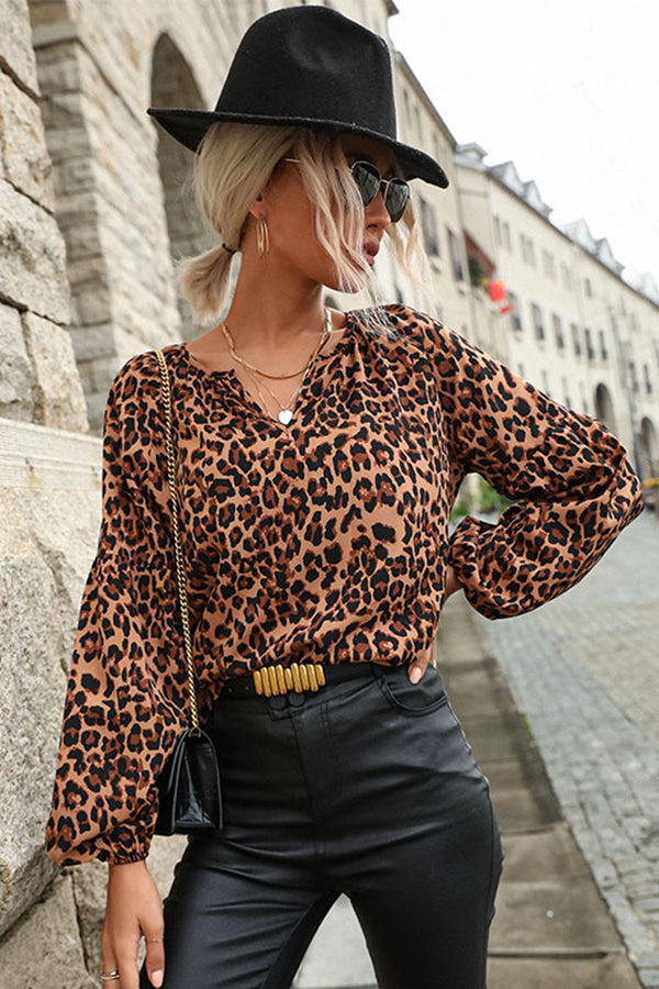 Perfee Leopard Lantern Sleeve Blouse | Trendsi