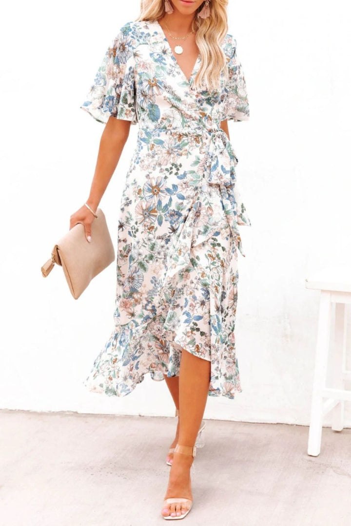 High-Low Printed Surplice Flutter Sleeve Midi Dress | Trendsi