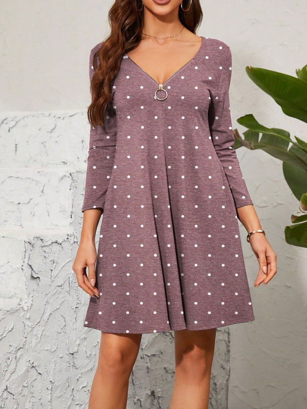 Polka Dot Quarter Zip Long Sleeve Dress | Trendsi
