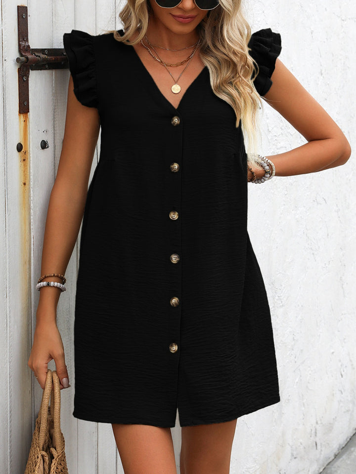 Button Up V-Neck Cap Sleeve Mini Dress | Trendsi