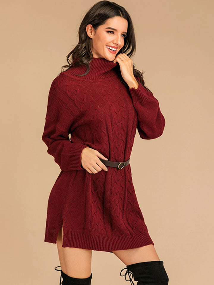 Perfee Slit Turtleneck Long Sleeve Mini Sweater Dress | Trendsi