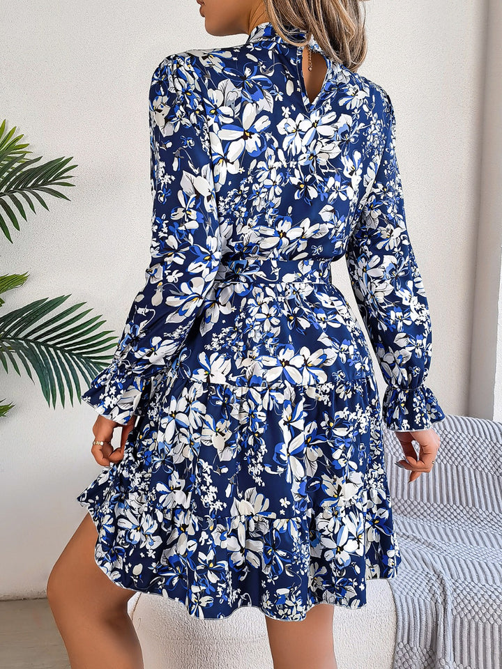 Printed Mock Neck Flounce Sleeve Mini Dress | Trendsi