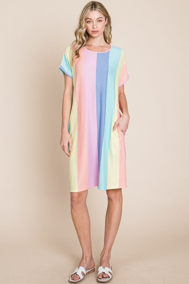 BOMBOM Striped Short Sleeve Dress with Pockets | Trendsi