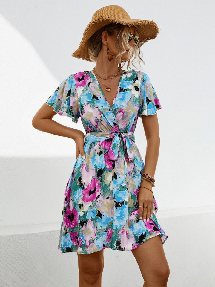 Printed Surplice Tie Waist Mini Dress | Trendsi