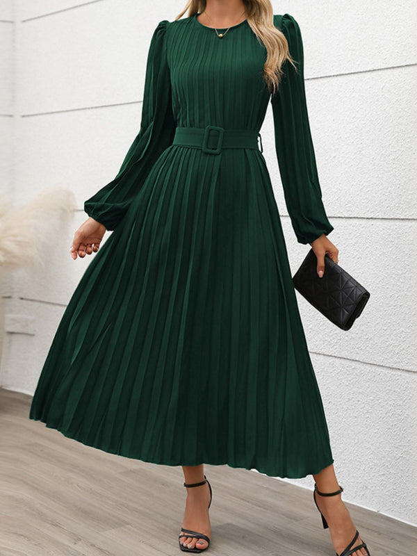 Perfee Pleated Round Neck Long Sleeve Midi Dress | Trendsi