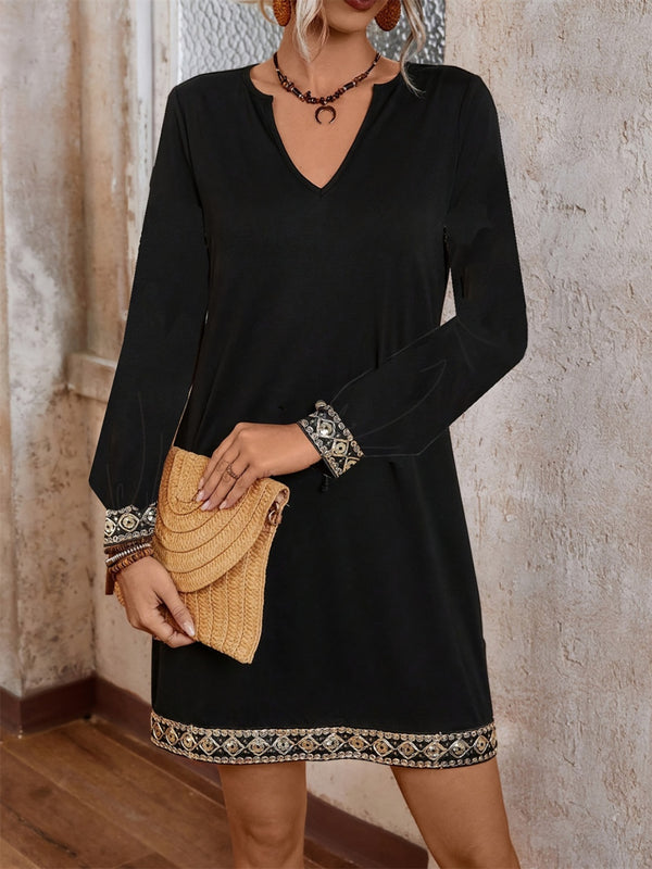 Embroidered Notched Long Sleeve Mini Dress | Trendsi