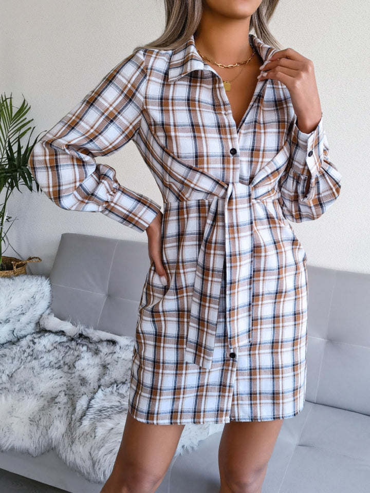 Tied Plaid Long Sleeve Mini Shirt Dress | Trendsi