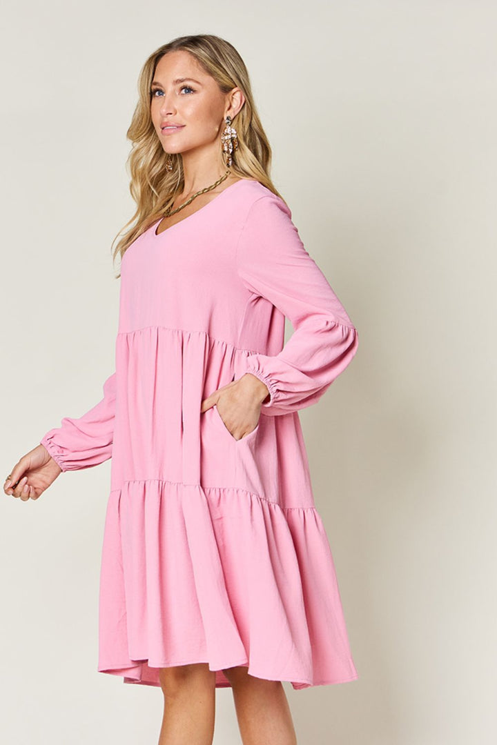 Double Take Full Size V-Neck Balloon Sleeve Tiered Dress | Trendsi