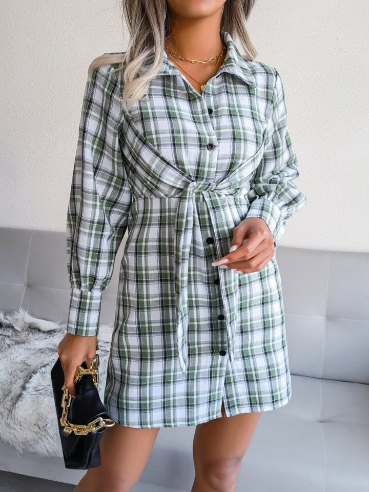 Tied Plaid Long Sleeve Mini Shirt Dress | Trendsi