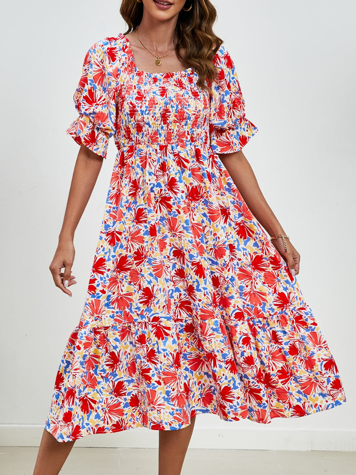 Smocked Floral Square Neck Short Sleeve Dress | Trendsi