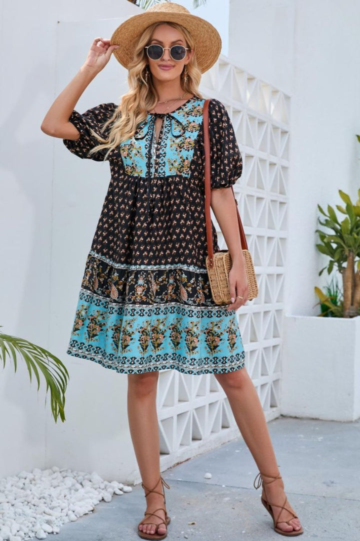 Printed Tie Neck Half Sleeve Dress | Trendsi