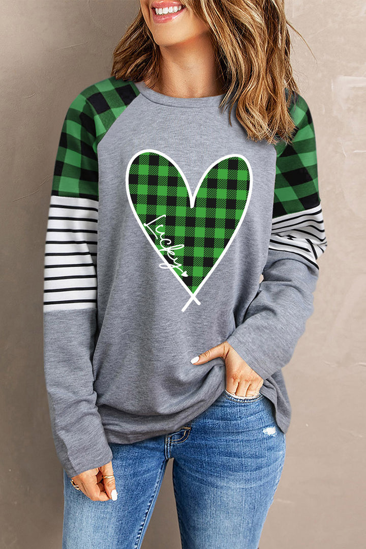 Plaid Heart Raglan Sleeve Sweatshirt | Trendsi