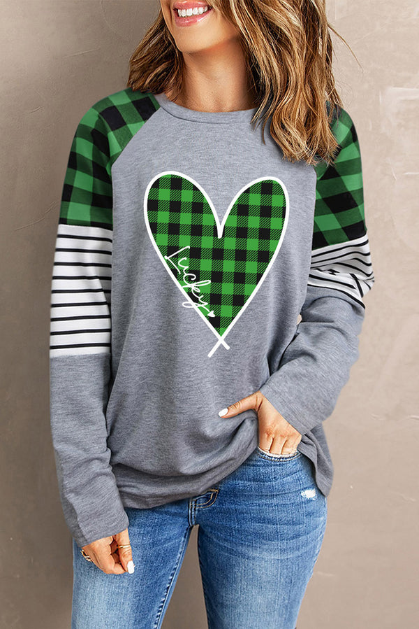 Plaid Heart Raglan Sleeve Sweatshirt | Trendsi