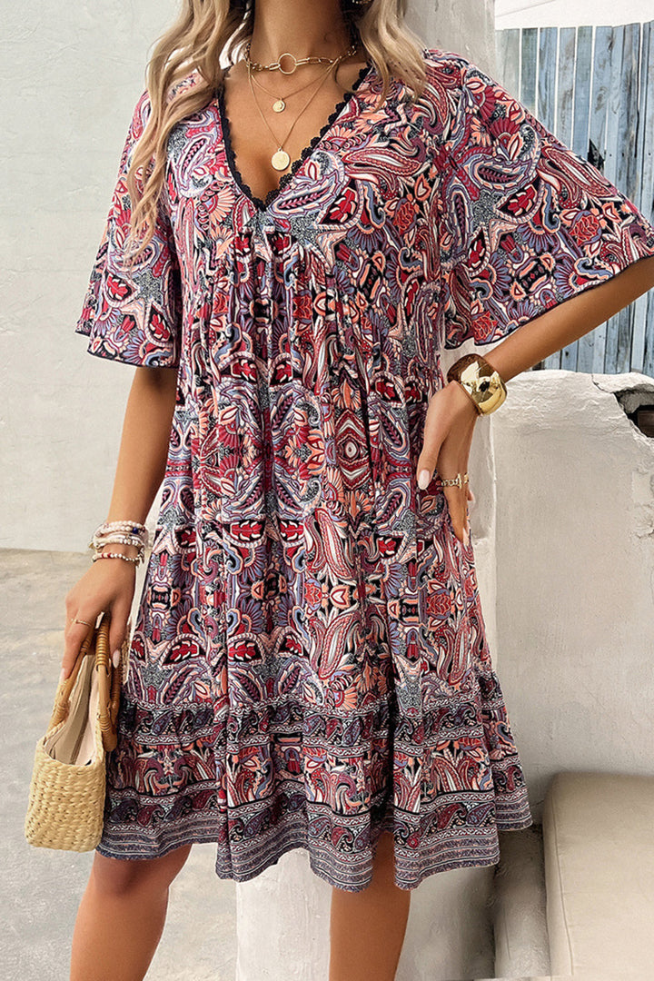 Printed V-Neck Half Sleeve Mini Dress | Trendsi