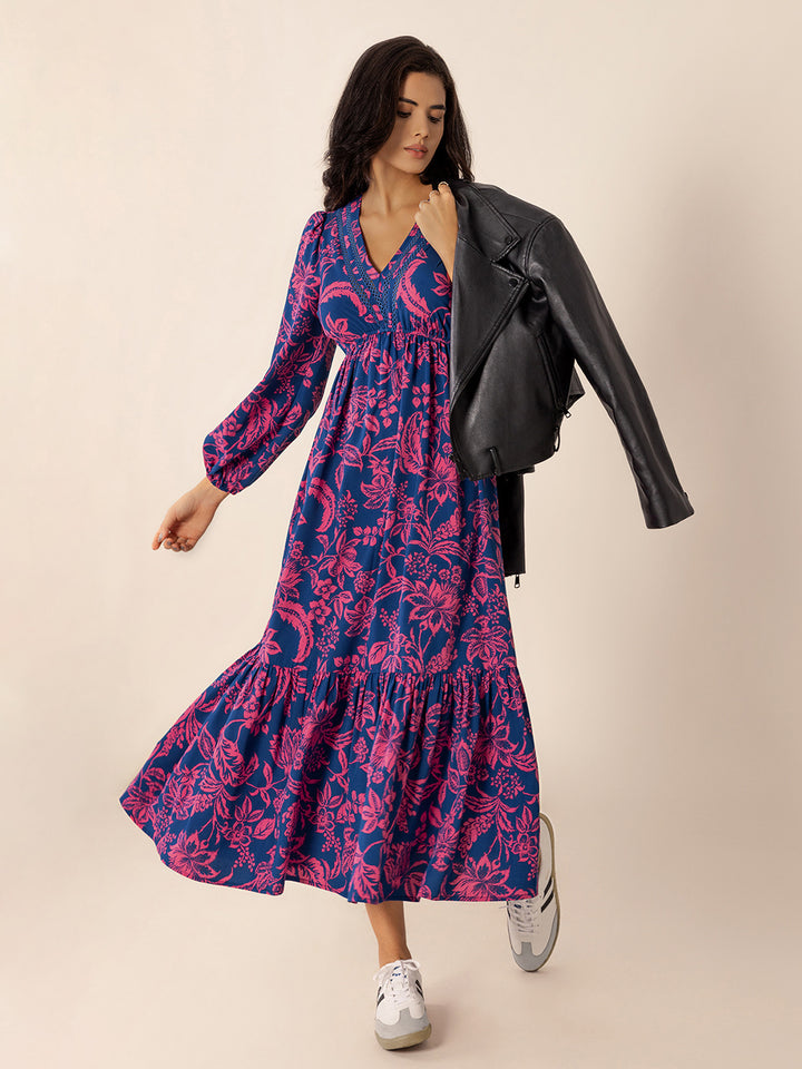 Printed V-Neck Long Sleeve Midi Dress | Trendsi