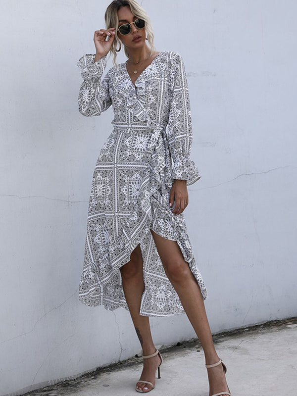 Perfee Ruffled Slit Surplice Long Sleeve Dress | Trendsi