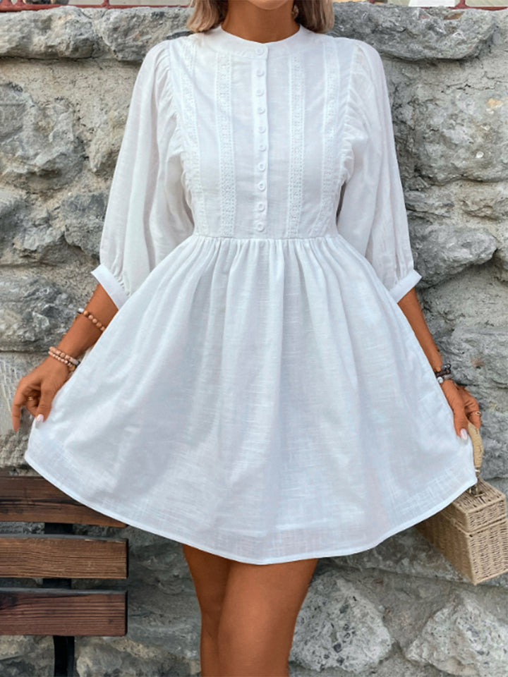 Lace Detail Half Button Three-Quarter Sleeve Dress | Trendsi