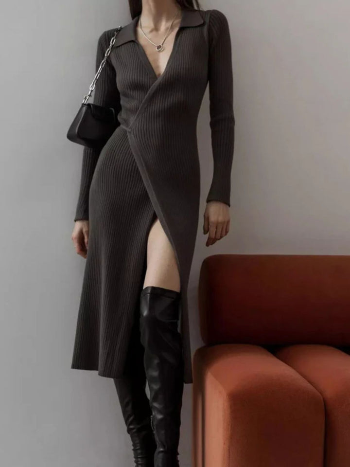 Tied Collared Neck Long Sleeve Sweater Dress | Trendsi