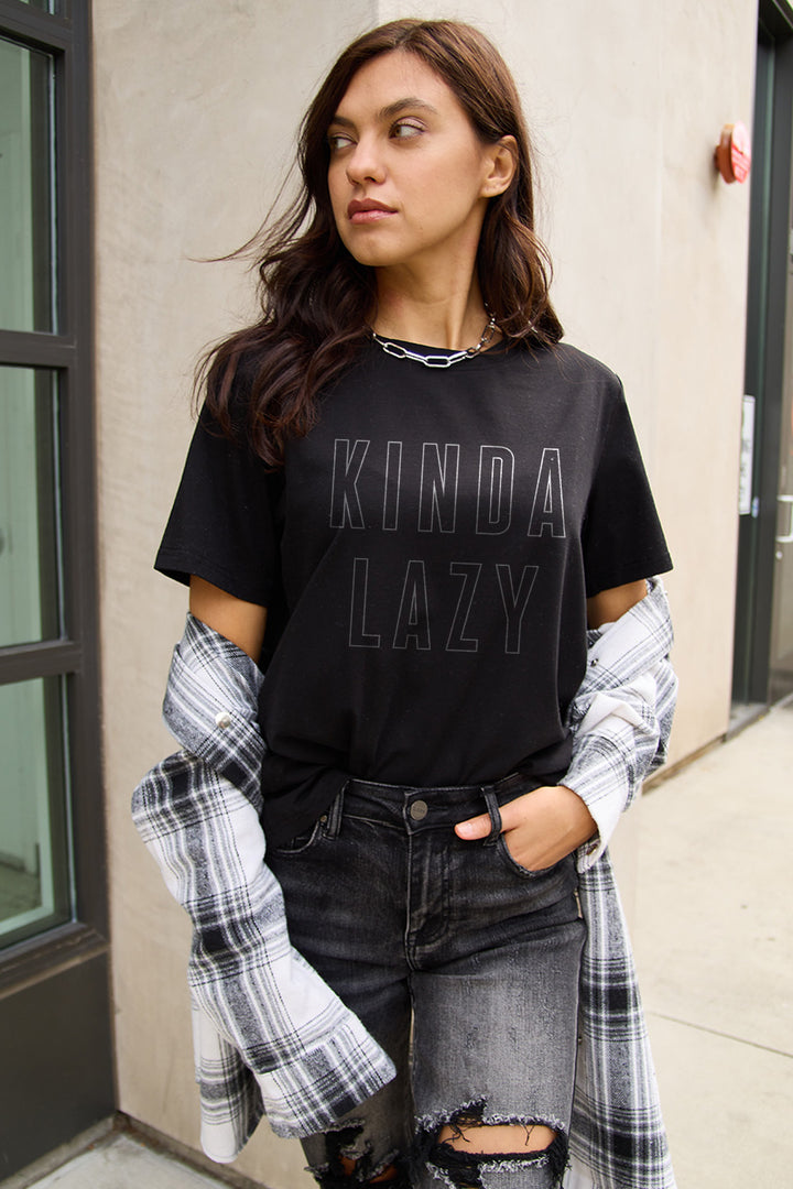 Simply Love Full Size KINDA LAZY Round Neck T-Shirt | Trendsi