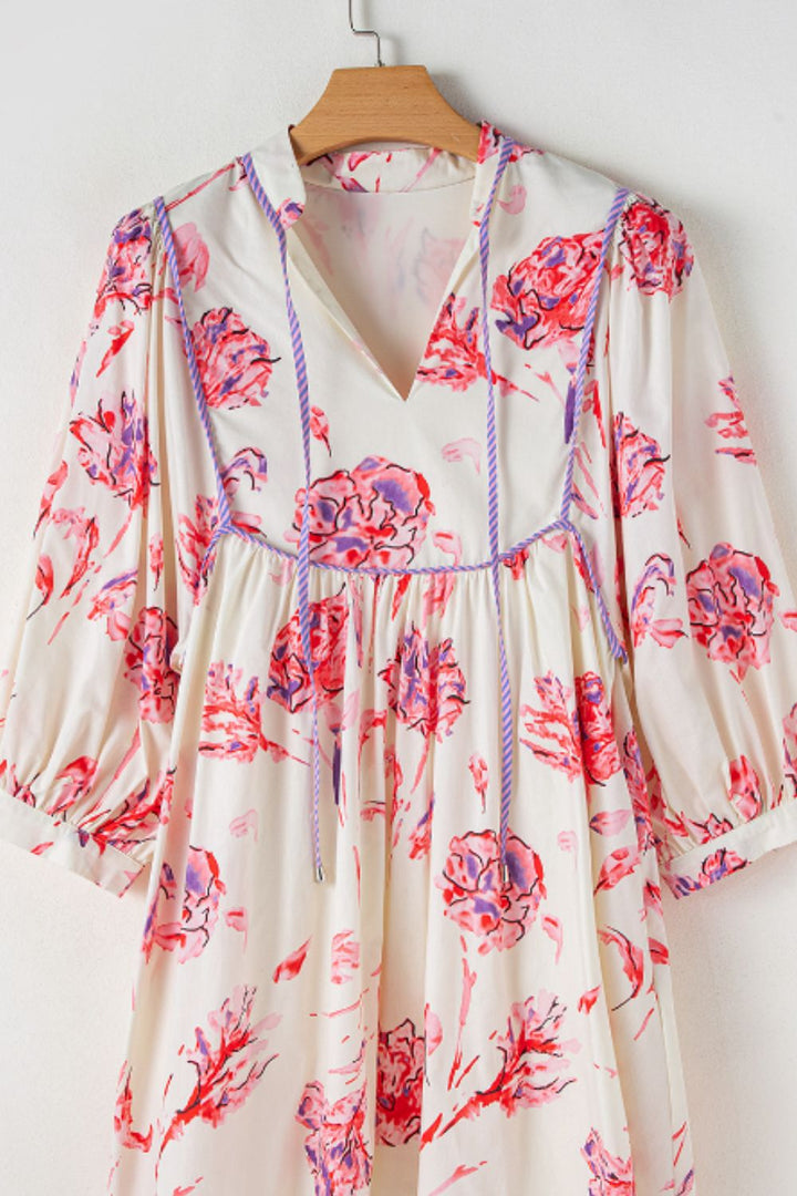 Tied Flower Printed Three-Quarter Sleeve Dress | Trendsi