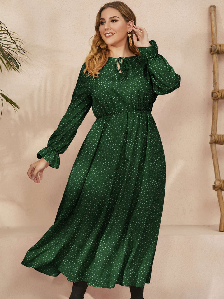 Plus Size Ruffled Polka Dot Long Sleeve Midi Dress | Trendsi