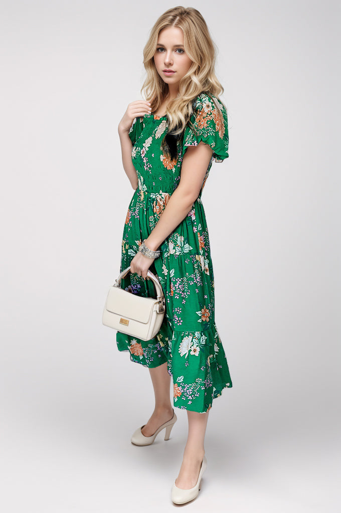 Smocked Printed Puff Sleeve Midi Dress | Trendsi