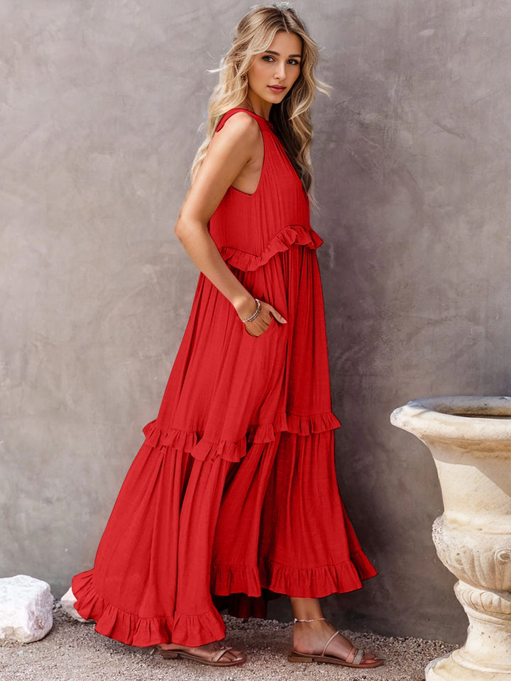 Ruffled Sleeveless Tiered Maxi Dress with Pockets | Trendsi