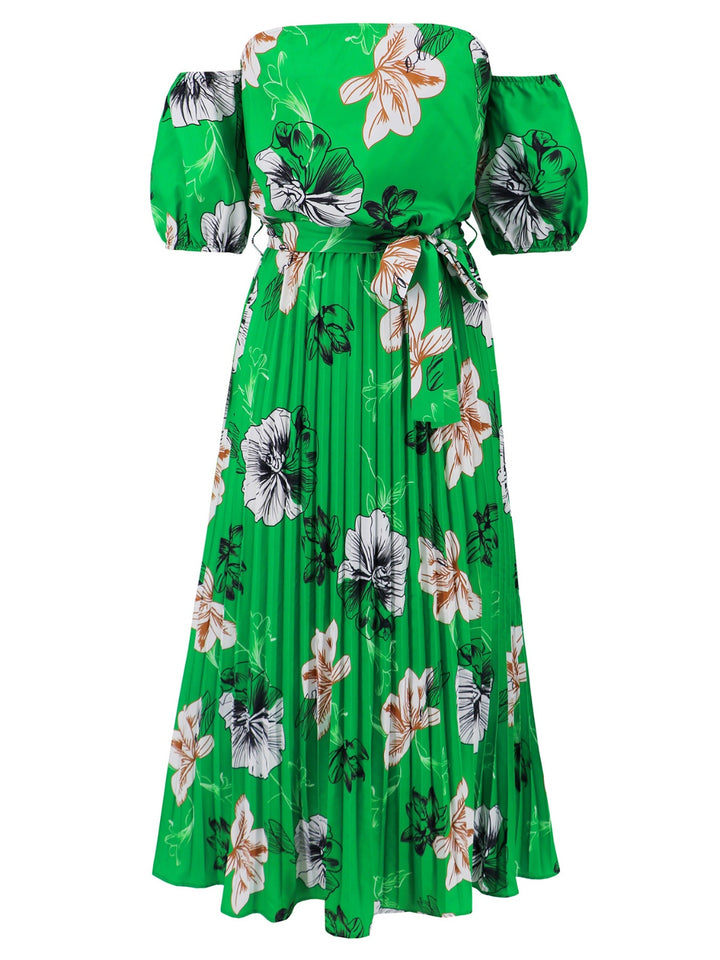 Pleated Floral Off-Shoulder Short Sleeve Midi Dress | Trendsi