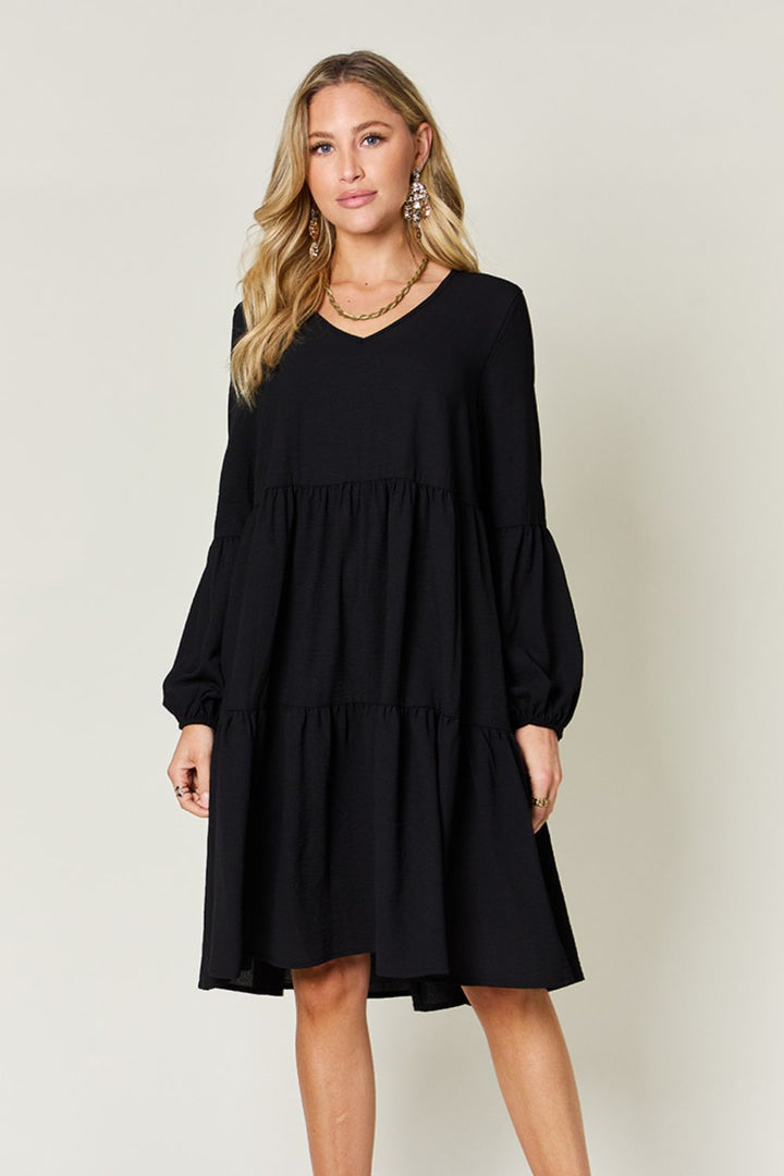 Double Take Full Size V-Neck Balloon Sleeve Tiered Dress | Trendsi