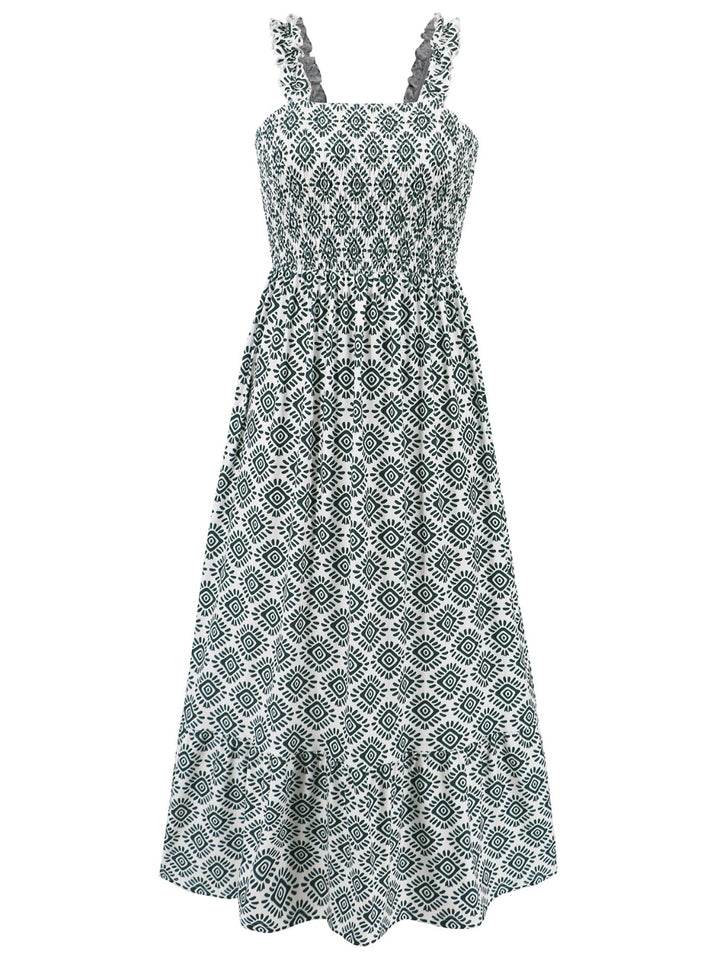 Smocked Printed Square Neck Sleeveless Dress | Trendsi