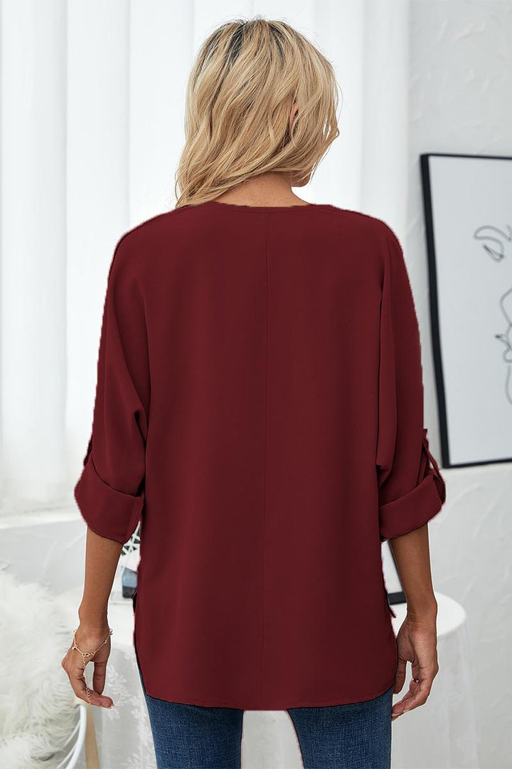 Roll-Tab Sleeve V-Neck Blouse | Trendsi