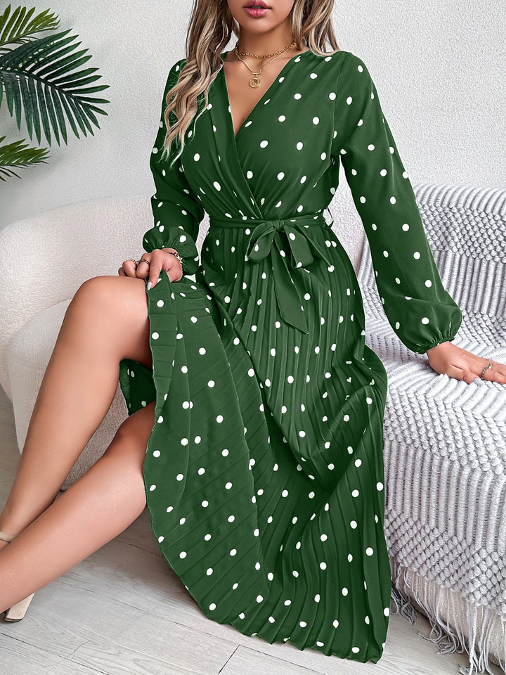 Tied Polka Dot Long Sleeve Midi Dress | Trendsi