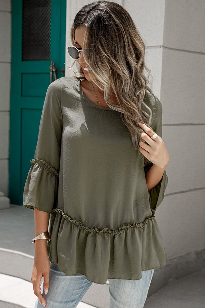 Shiny Frill Trim Round Neck Blouse | Trendsi