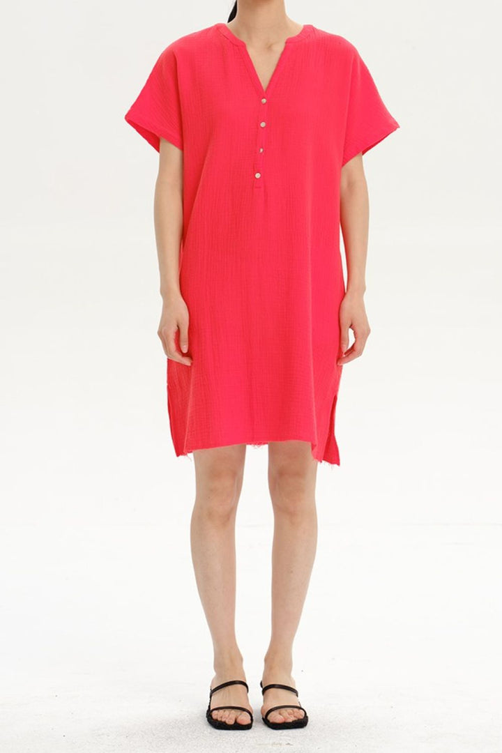 Slit Notched Short Sleeve Mini Dress | Trendsi