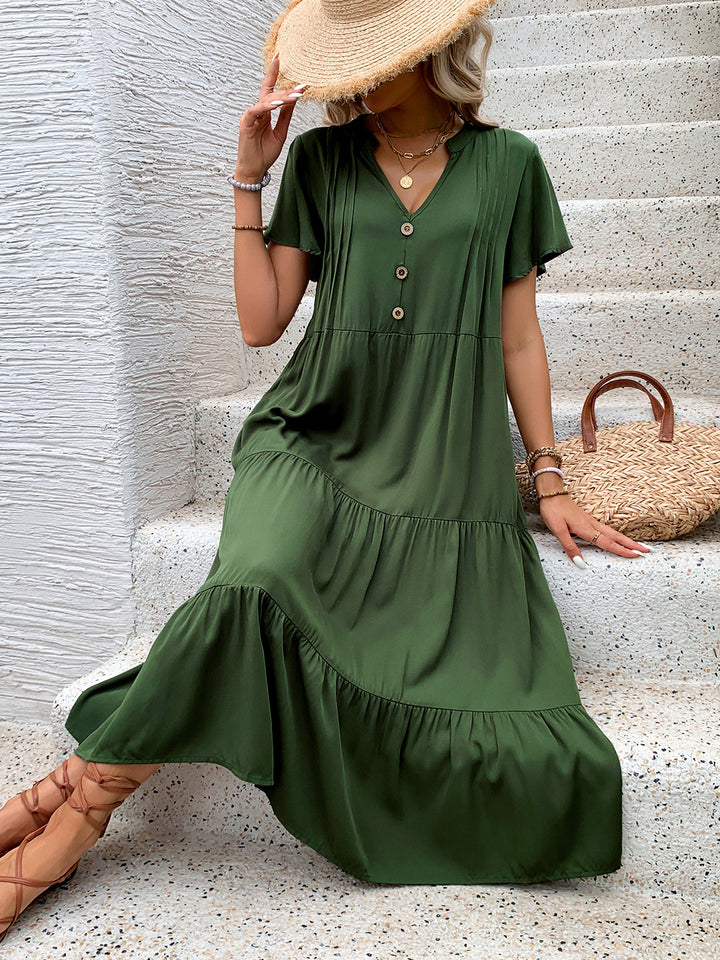 Tiered Notched Short Sleeve Midi Dress | Trendsi