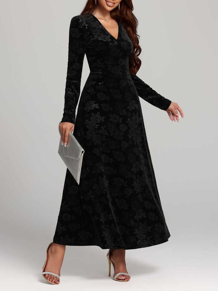 Rose Print V-Neck Long Sleeve Dress | Trendsi