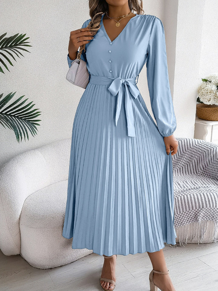 Pleated Tied V-Neck Long Sleeve Dress | Trendsi