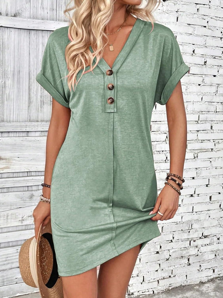 Quarter Button V-Neck Short Sleeve Dress | Trendsi