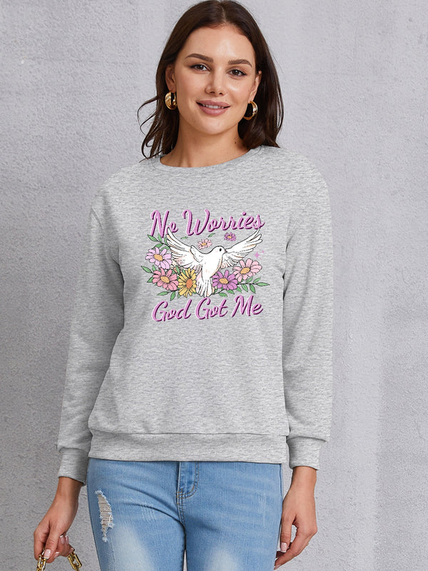 NO WORRIES GOD GOT ME Round Neck Sweatshirt | Trendsi