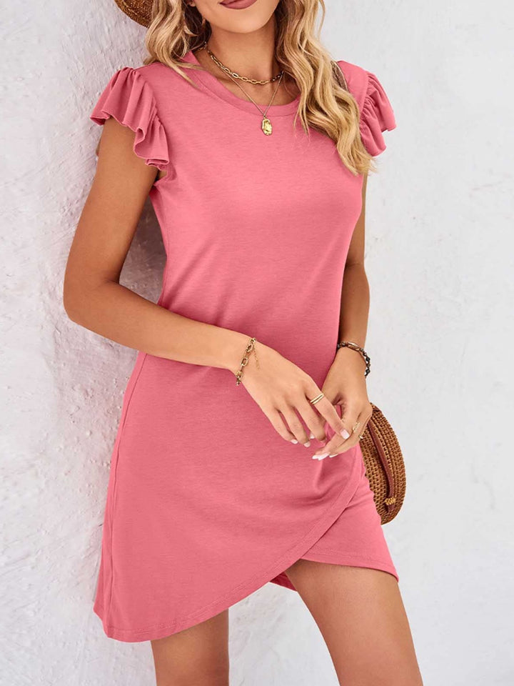 Ruffled Round Neck Cap Sleeve Mini Dress | Trendsi